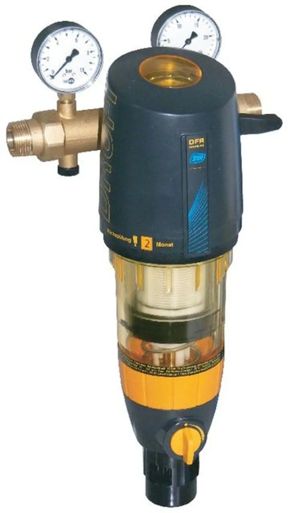 Wasserstation in kompakter Bauform mit zwei Manometern zur Drucküberwachung. Transparentes Gehäuse für Sichtkontrolle und seitlichem Regelventil. Markenlogo von Syr sichtbar.